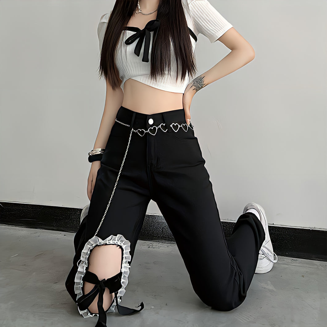 Women's Lace Up High Waisted Jeans